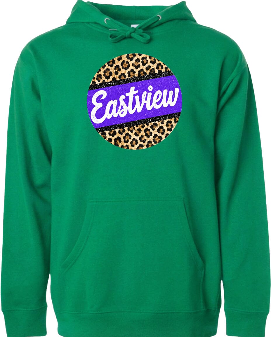A green hoodie with a leopard print design and the word "Eastview" printed on it.