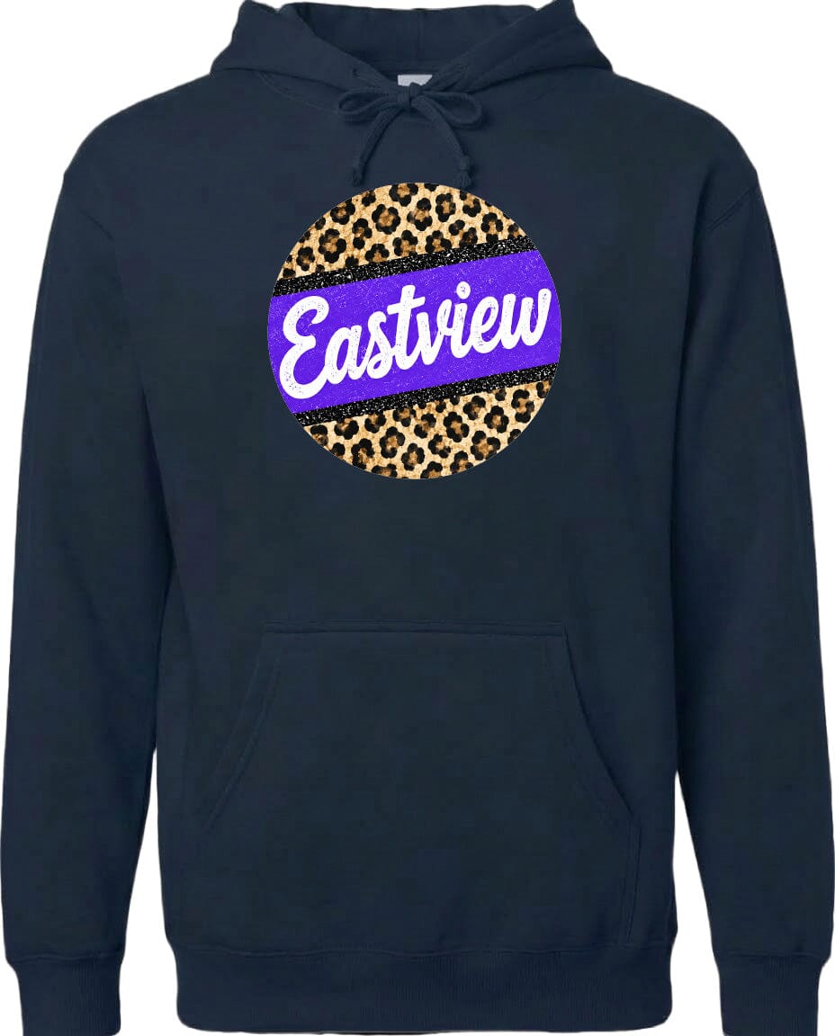 A navy blue hoodie with a leopard print design and the word "Eastview" printed on it.