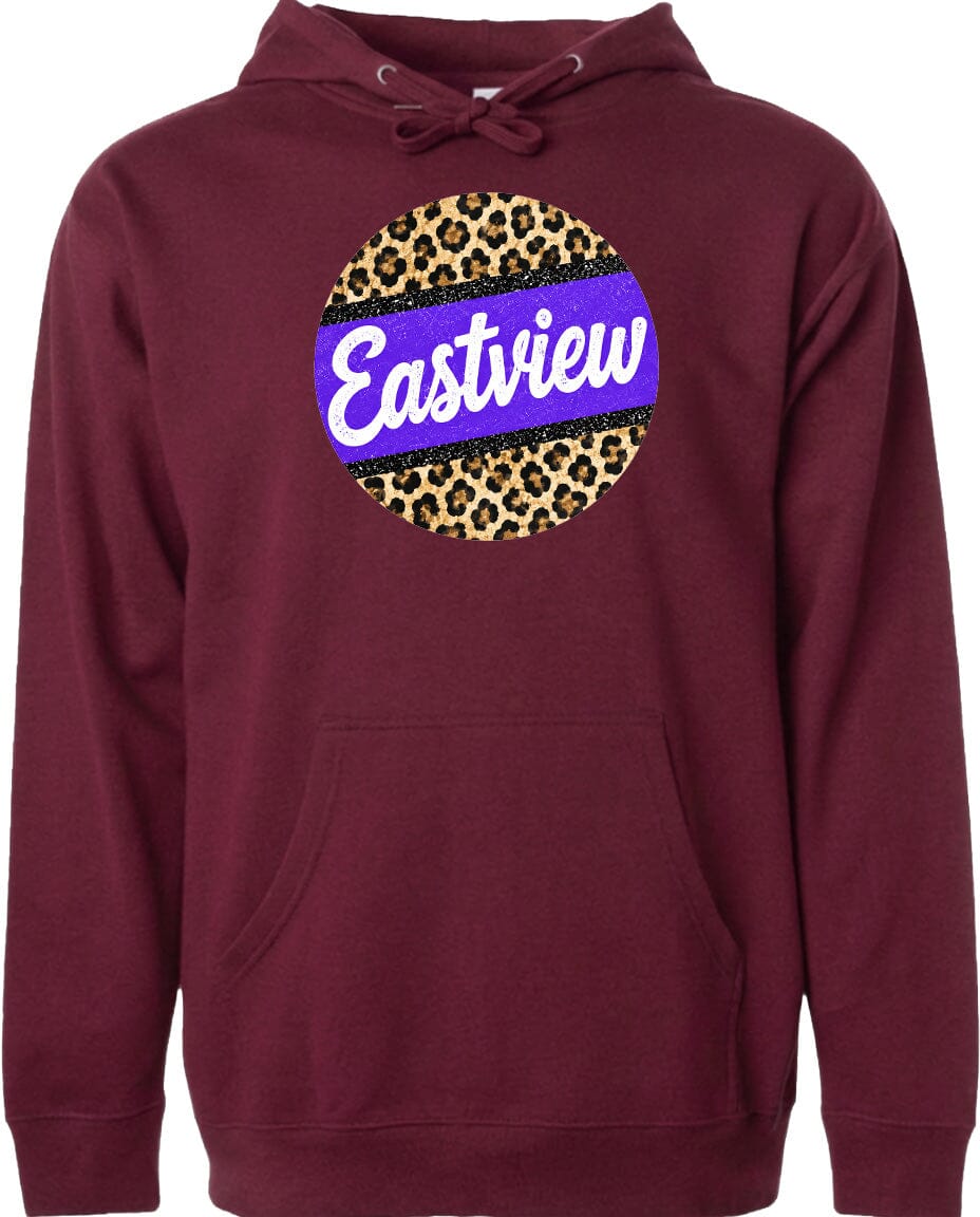 A burgundy-colored hoodie with a leopard print design and the word "Eastview" printed on it.