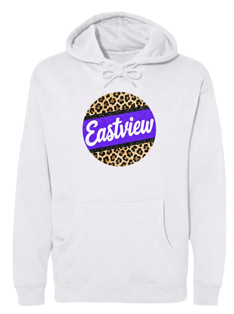A white hoodie with a leopard print design and the word "Eastview" printed on it.