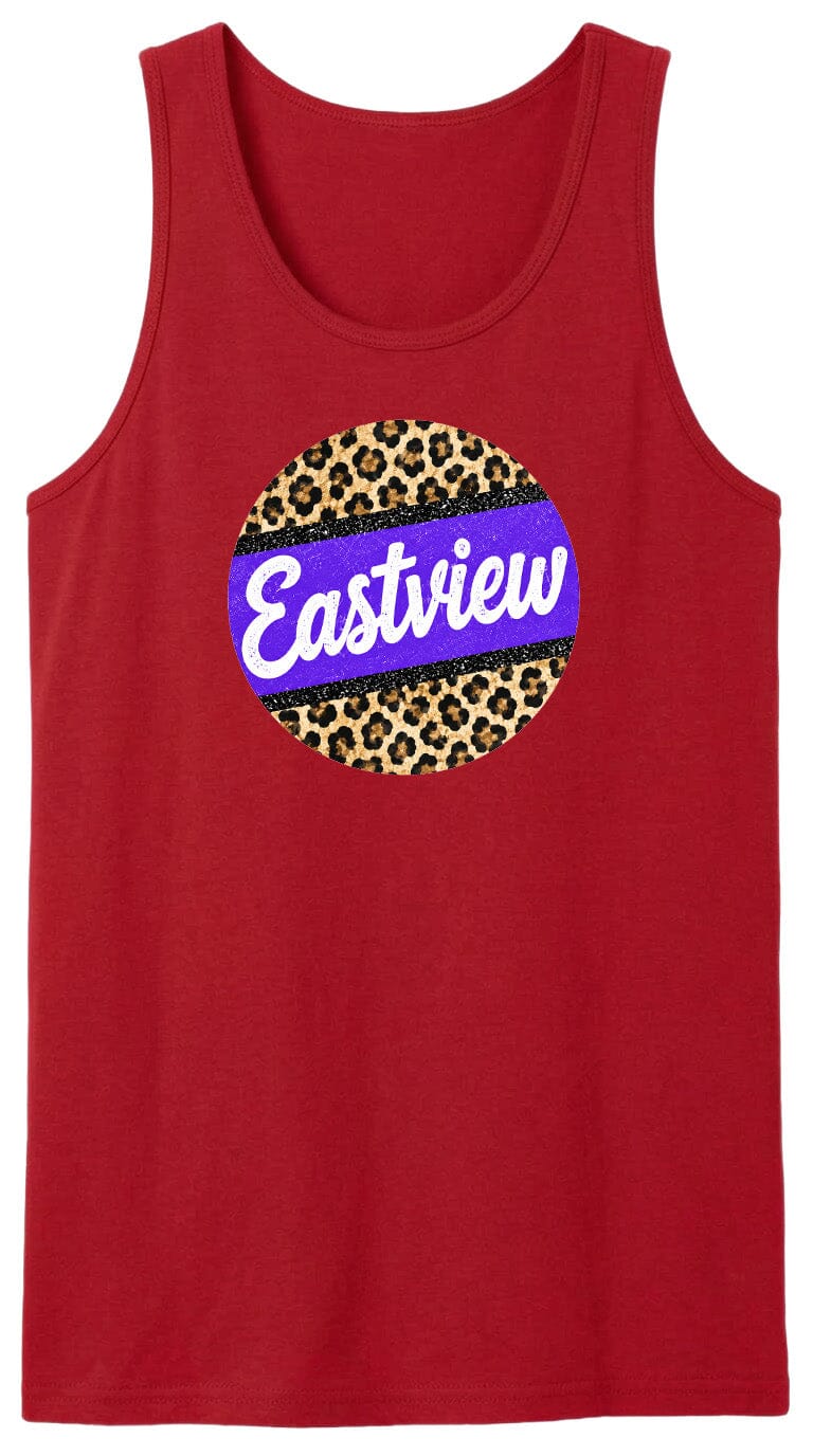 A red tank top with a leopard print design and the word "Eastview" printed on it.