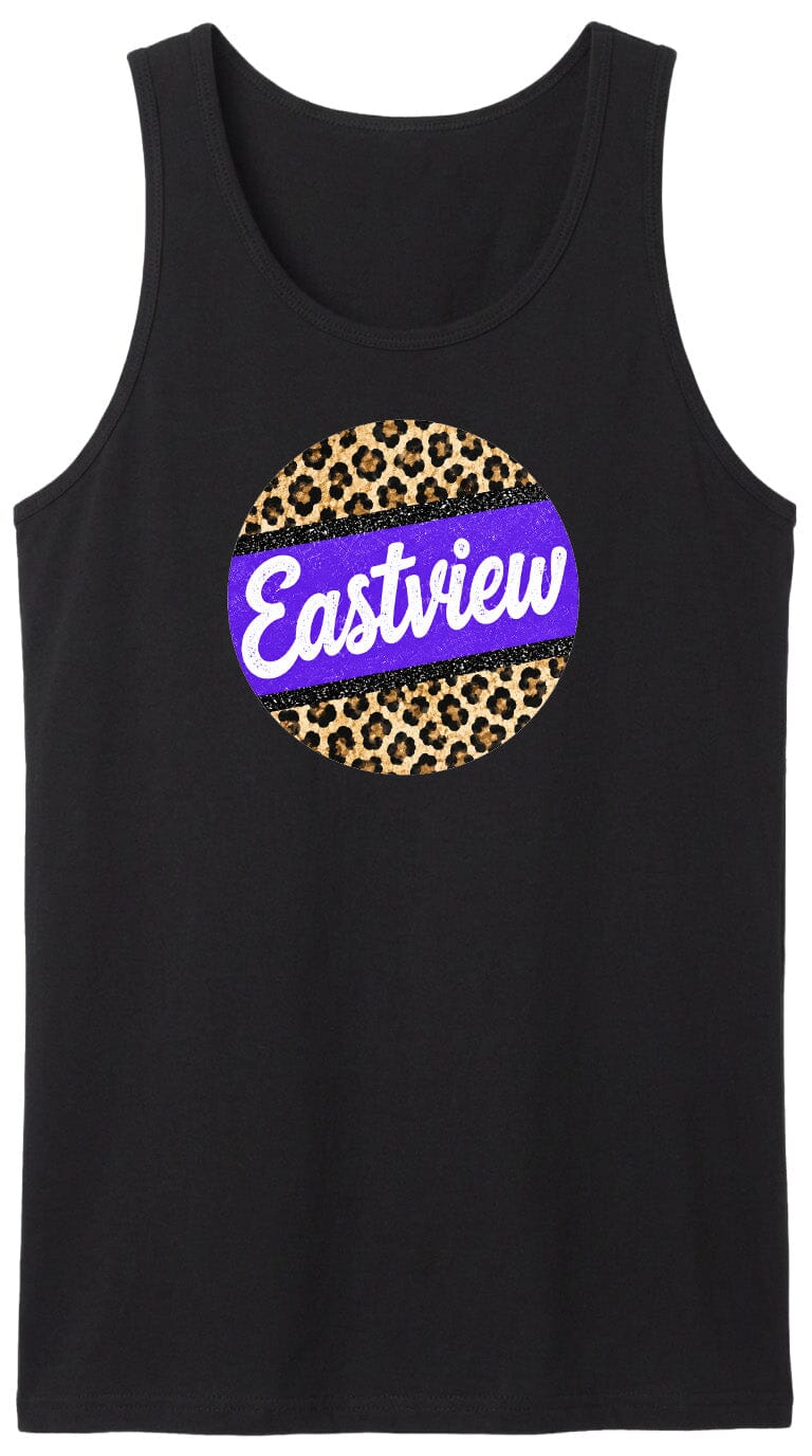 A black tank top with a purple and leopard print circular logo on it.
