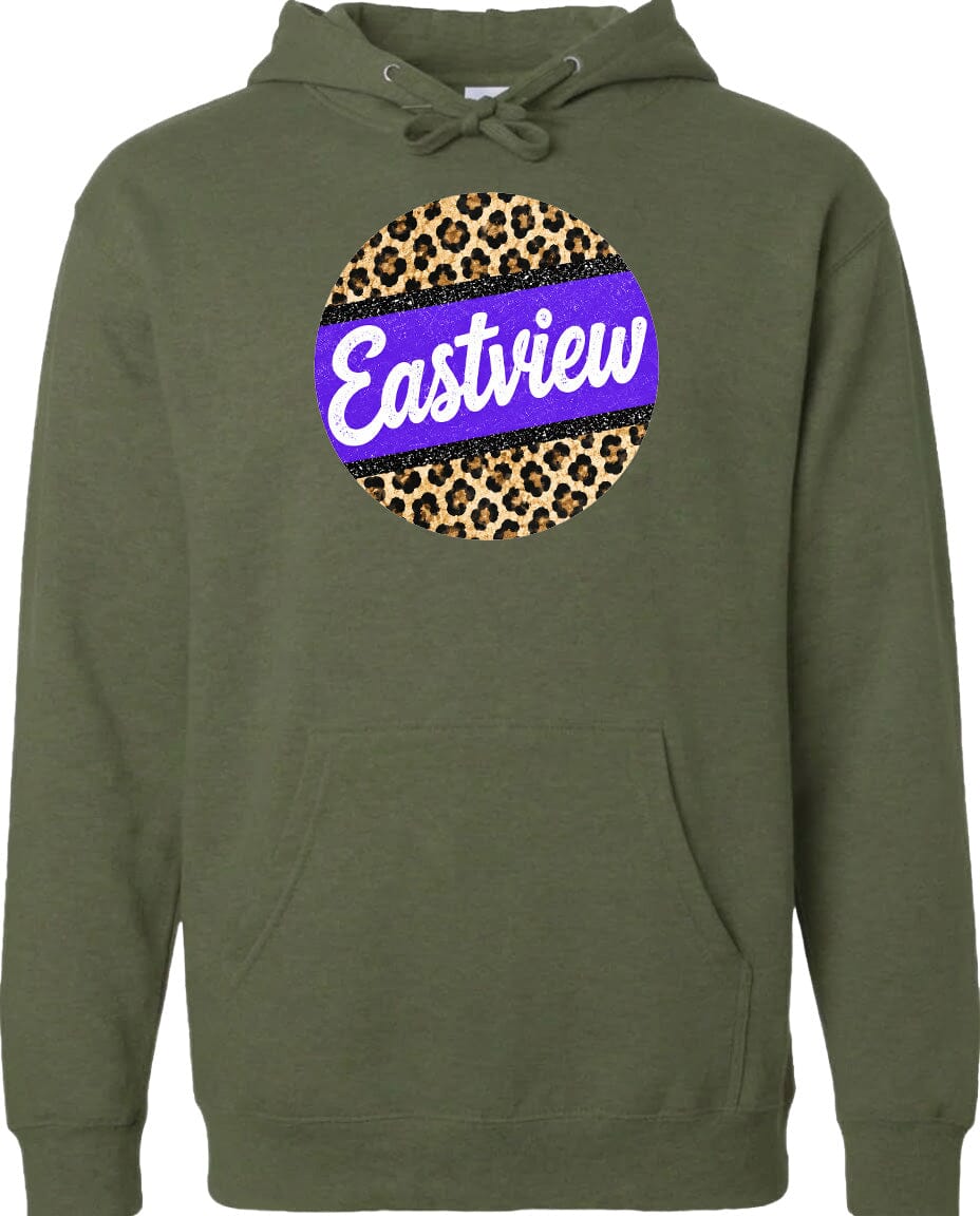 A green hoodie with a large circular logo on the front. The logo features a leopard print design with a purple border and the word "Eastview" written in white cursive text.