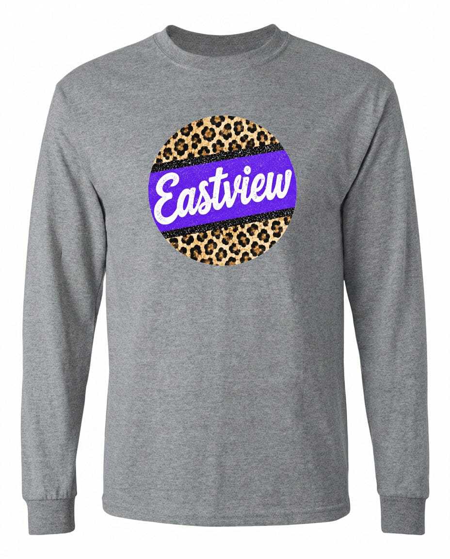 A gray long-sleeved shirt with a circular graphic design on the front. The design features a leopard print pattern with a purple stripe running through it.