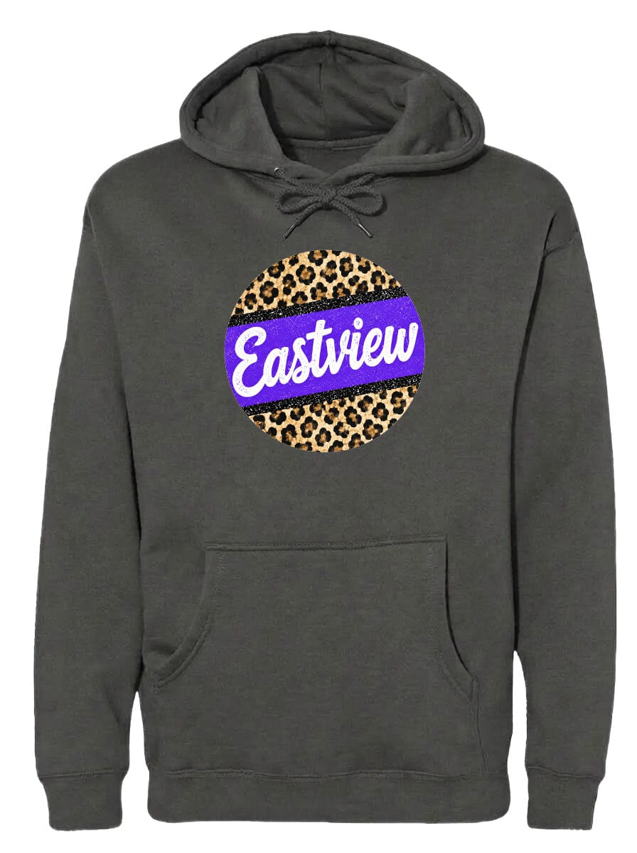 A gray hoodie with a leopard print design and the word "Eastview" printed on it.