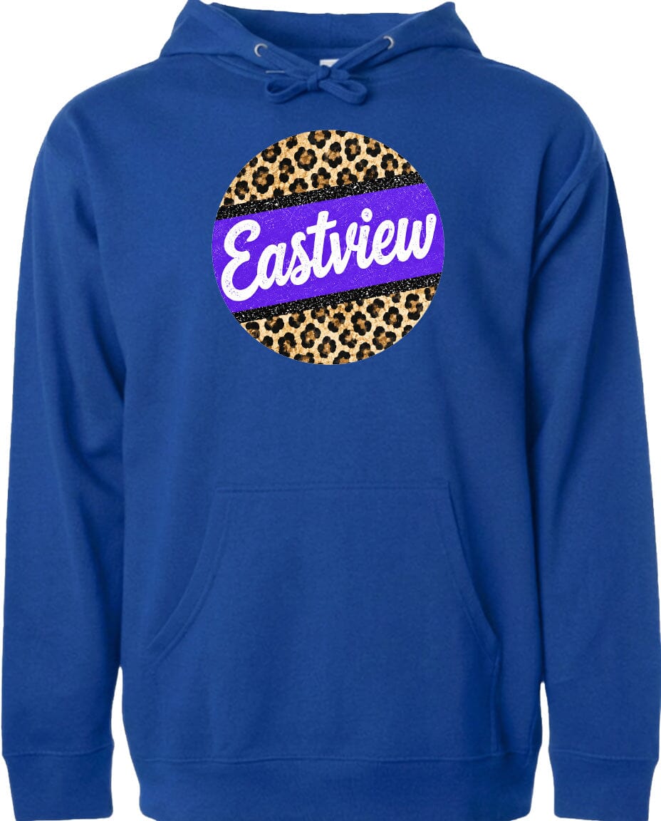 A blue hoodie with a leopard print design and the word "Eastview" printed on it.
