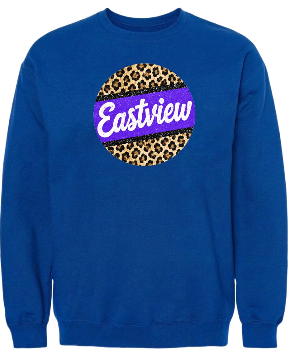 A blue sweatshirt with a leopard print design and the word "Eastview" printed on it.