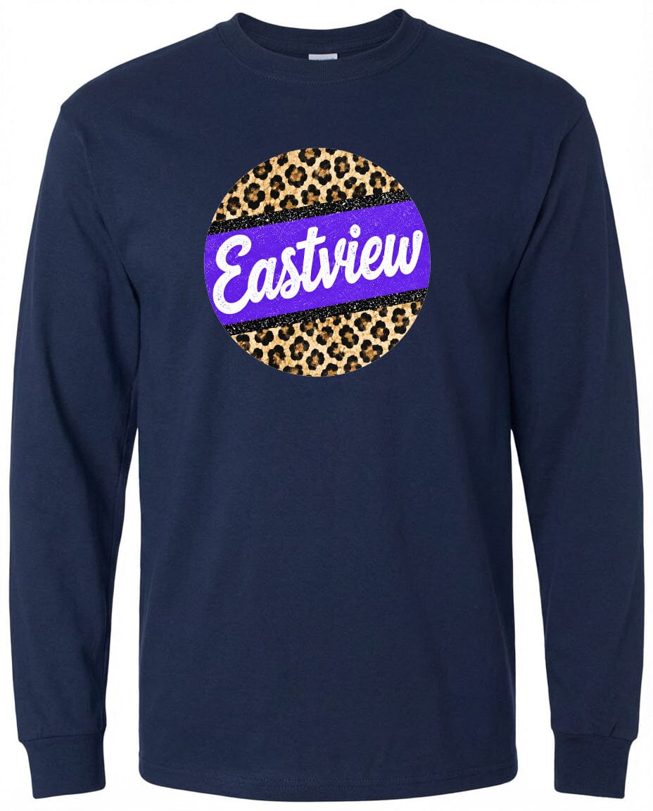 A navy blue long-sleeved shirt with a circular logo on the front. The logo features a leopard print design with a purple border.