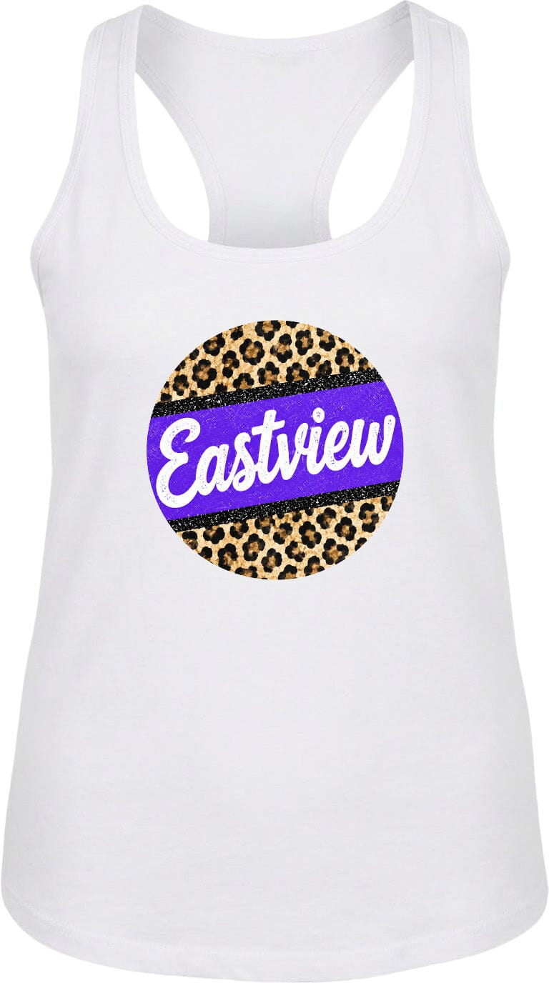 A white tank top with a leopard print design and the word "Eastview" printed on it.