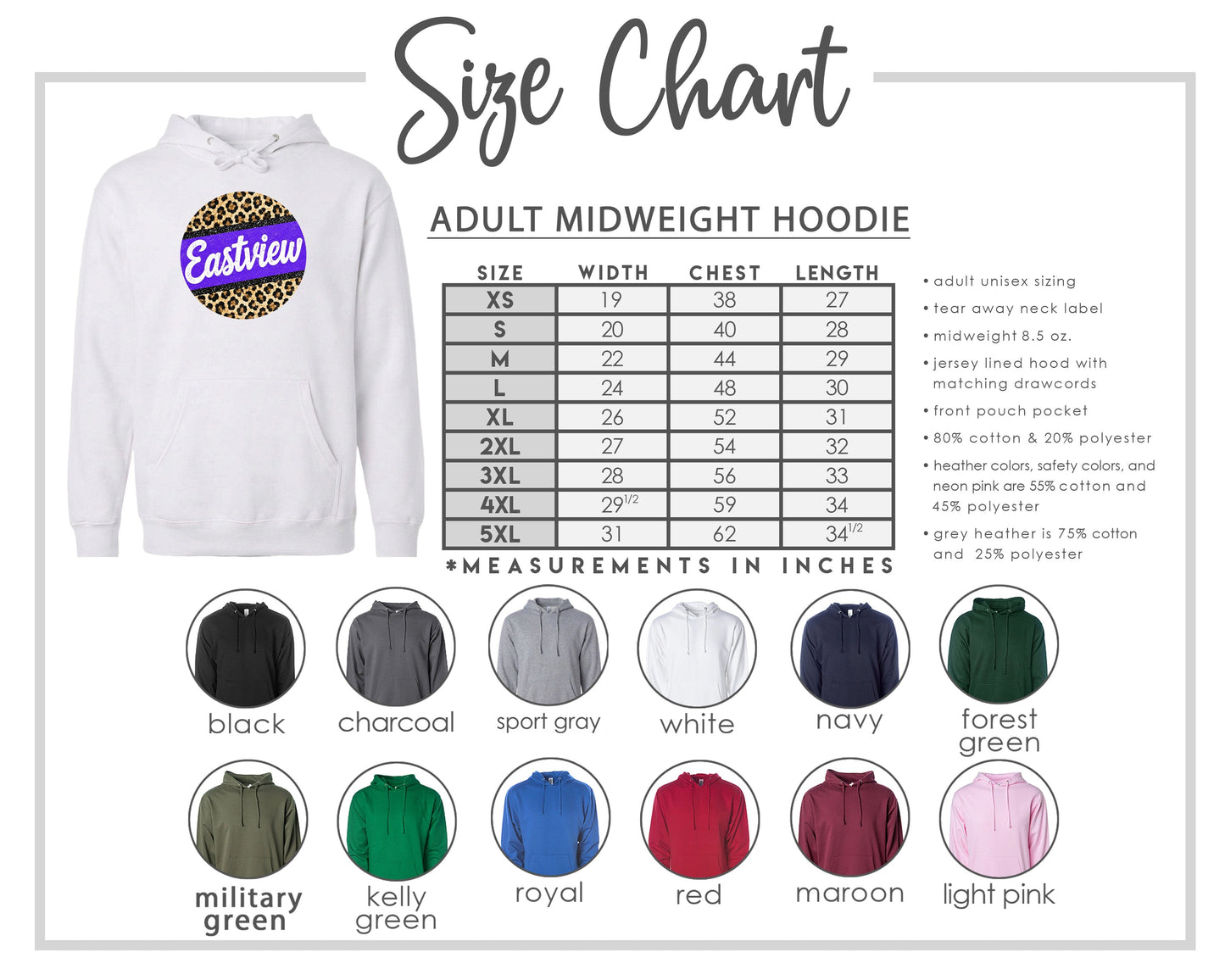 The image is a size chart for an adult midweight hoodie, including various color options and corresponding measurements in inches.