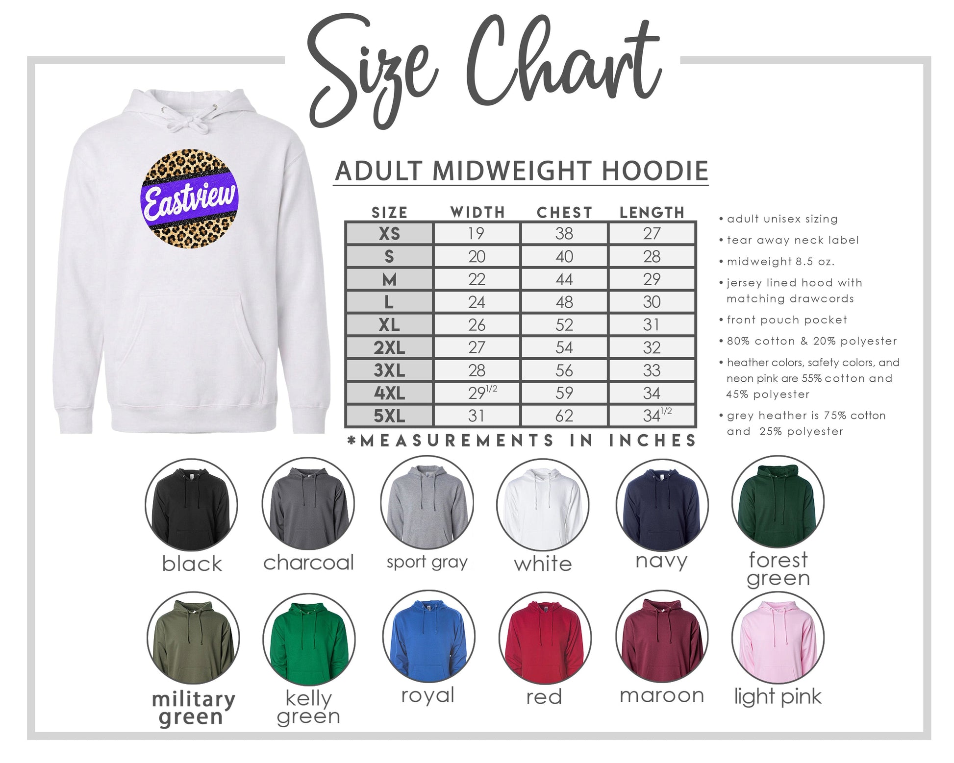 The image is a size chart for an adult midweight hoodie, including various color options and corresponding measurements in inches.