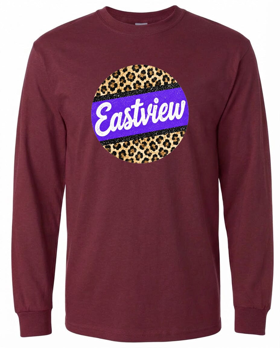 A burgundy long-sleeved t-shirt with a circular design on the front featuring a leopard print pattern and the word "Eastview" written in white text.