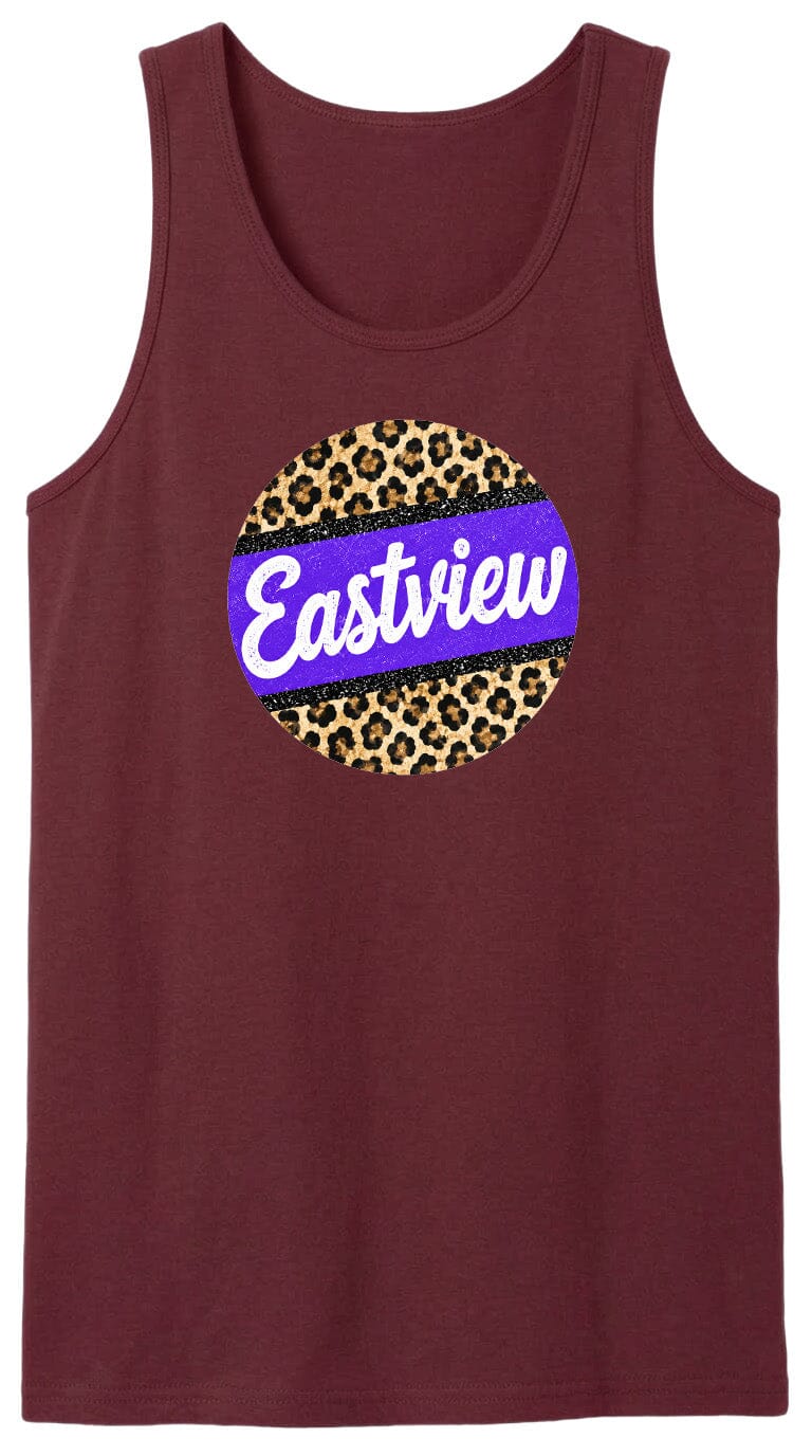 A burgundy tank top with a leopard print design and the word "Eastview" printed on it.