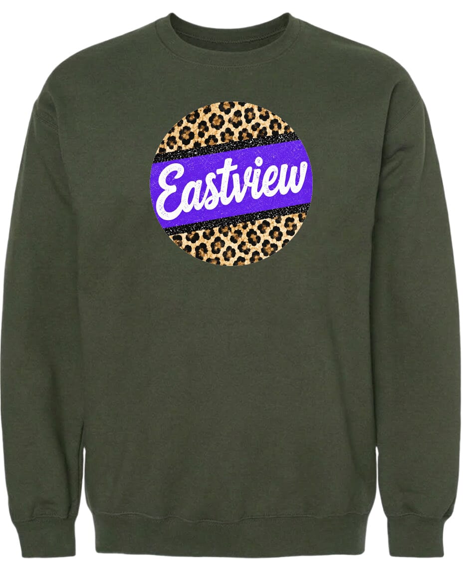 A dark green sweatshirt with a large circular logo on the front. The logo features a leopard print design with a purple border and the word "Eastview" written in white cursive text.