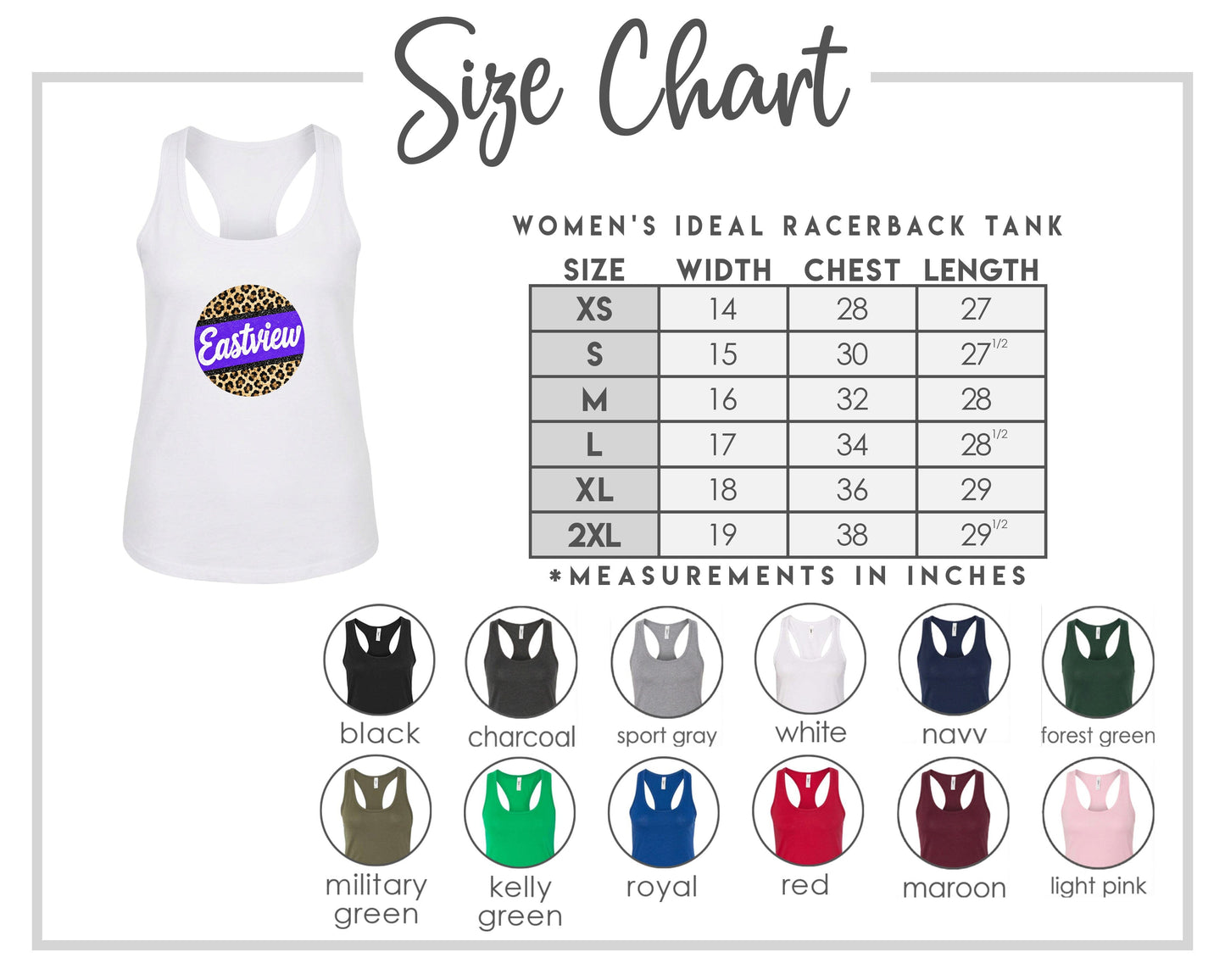 The image is a size chart for a women's ideal racerback tank, including various color options and corresponding chest measurements.