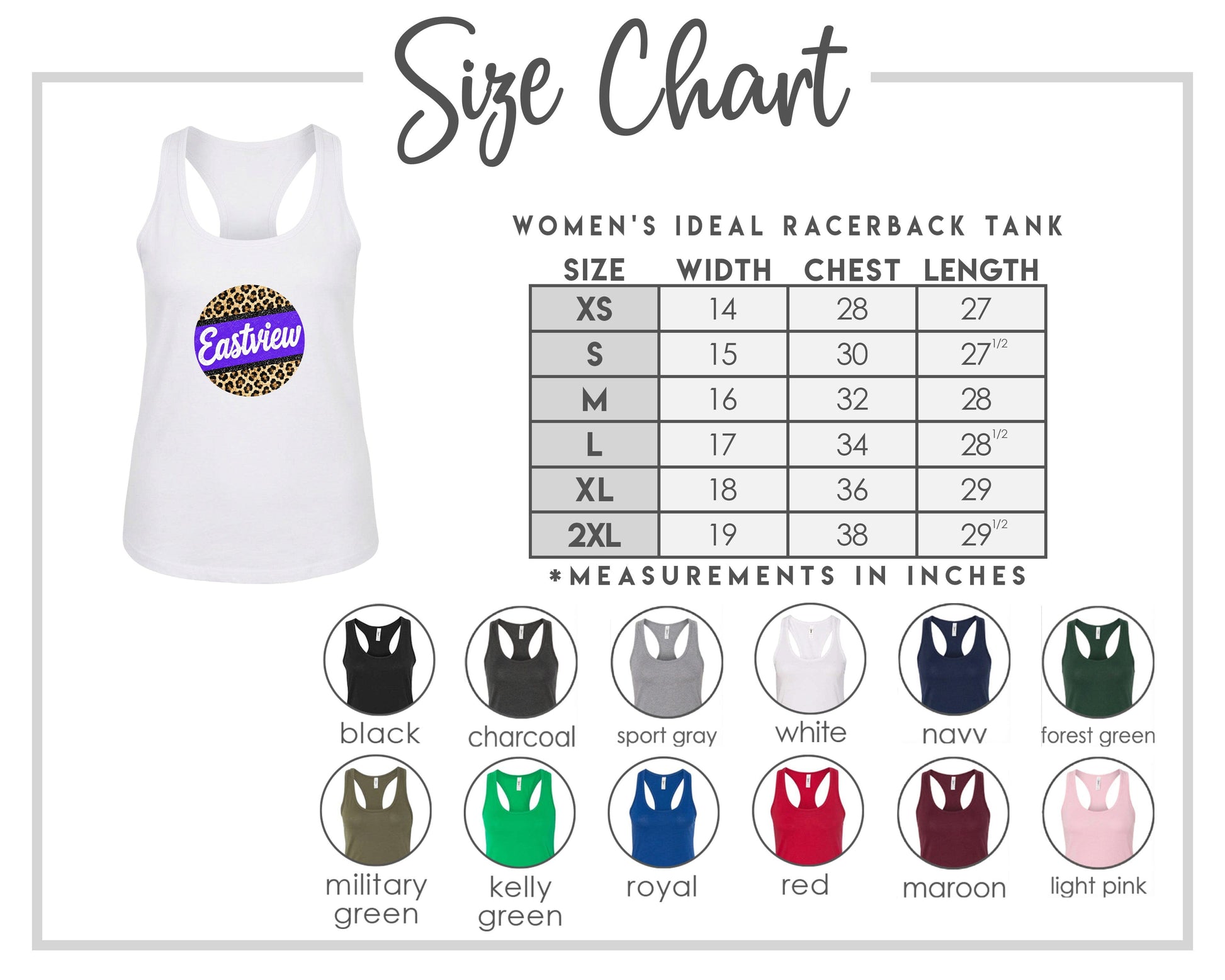 The image is a size chart for a women's ideal racerback tank, including various color options and corresponding chest measurements.