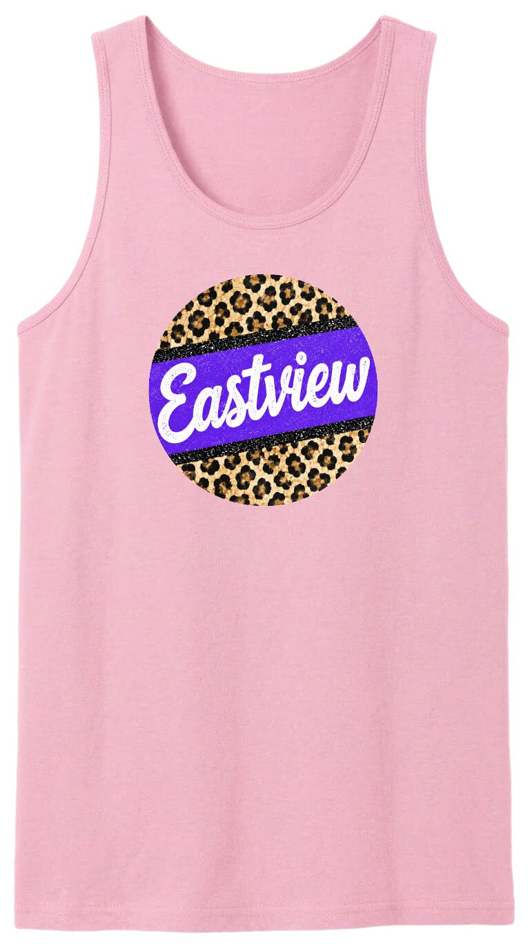 A pink tank top with a leopard print design and the word "Eastview" printed on it.