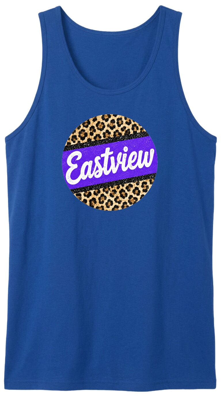 A blue tank top with a leopard print design and the word "Eastview" printed on it.