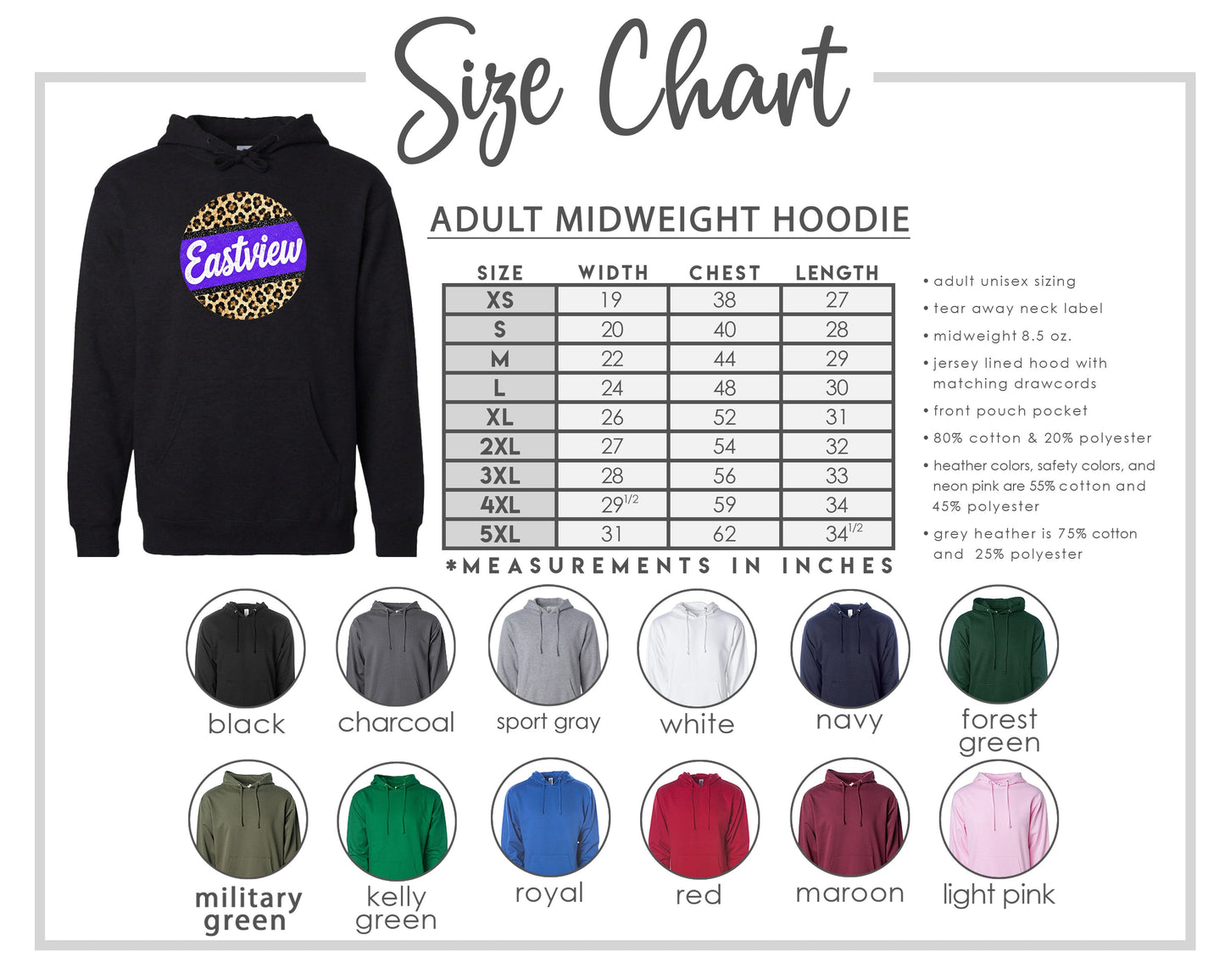 The image is a size chart for an adult midweight hoodie, including various color options and corresponding measurements in inches.