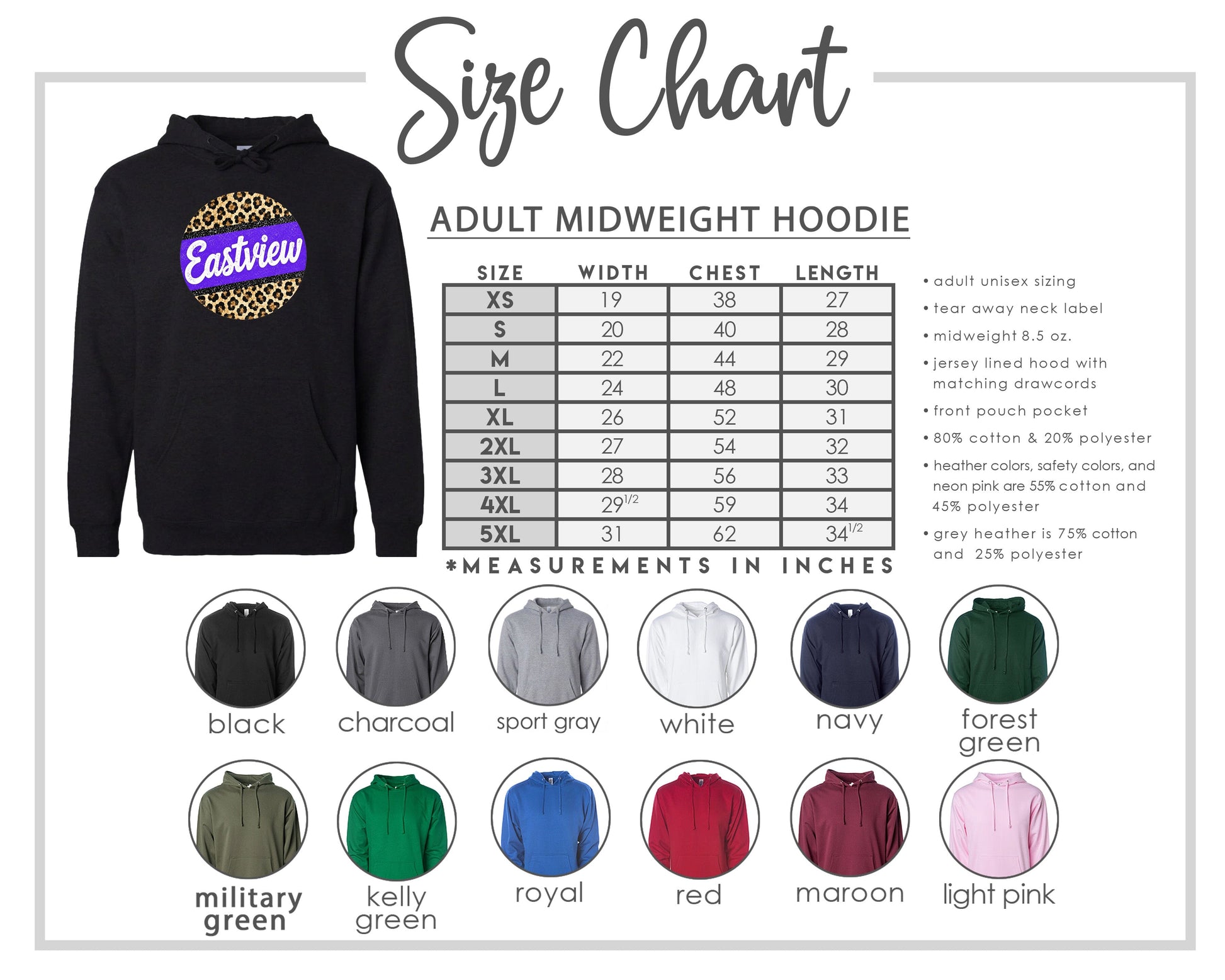 The image is a size chart for an adult midweight hoodie, including various color options and corresponding measurements in inches.