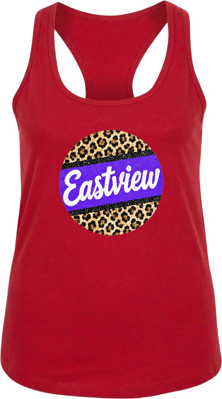 A red tank top with a leopard print design and the word "Eastview" printed on it.