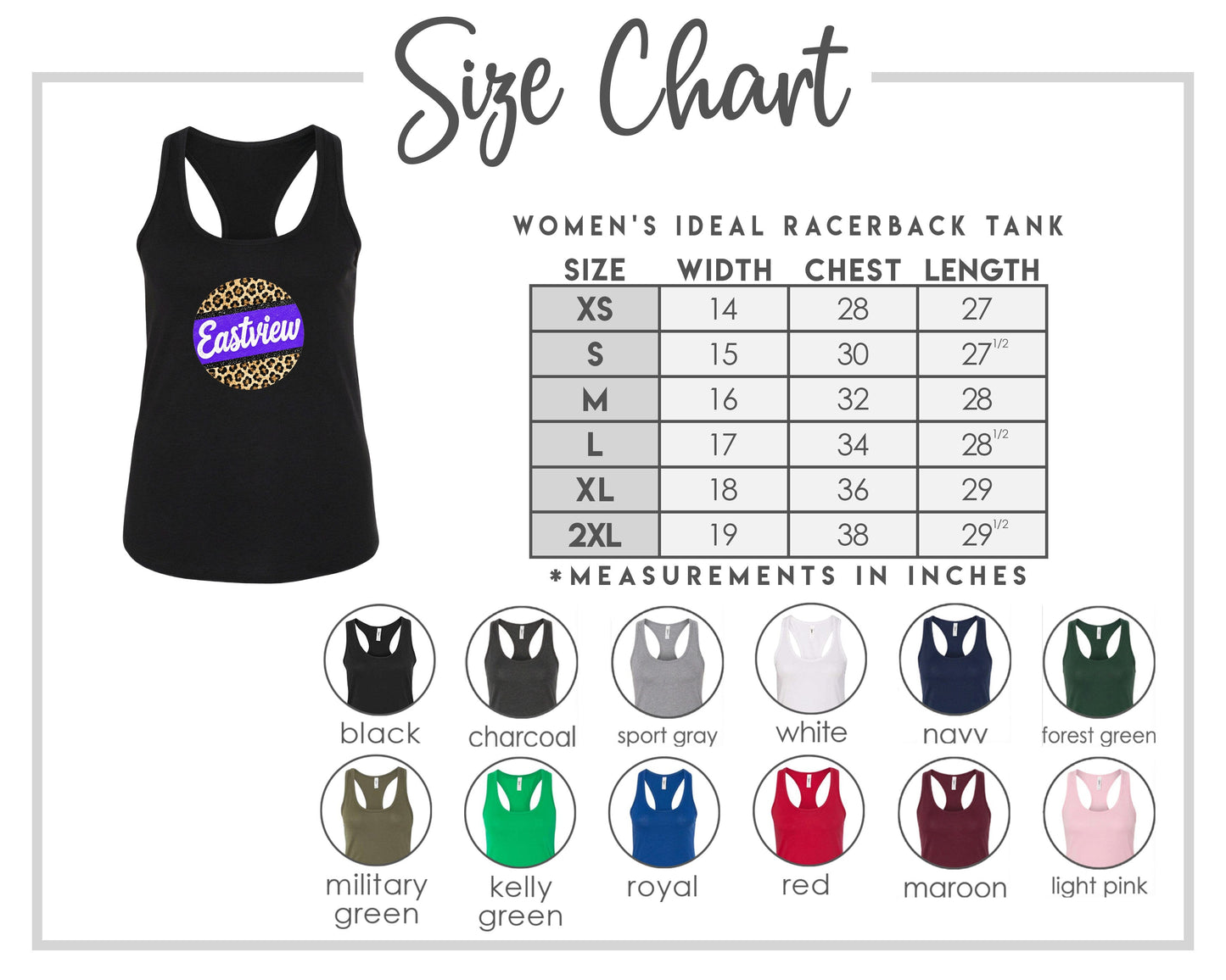 The image is a size chart for a women's ideal racerback tank, including various color options and corresponding chest measurements.
