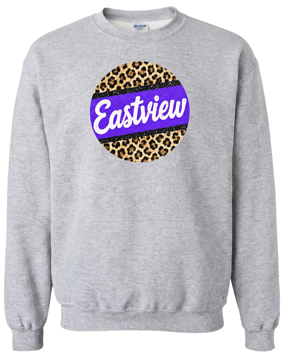 A gray sweatshirt with a large circular graphic on the front. The graphic features a combination of a leopard print pattern and a purple and white color scheme.