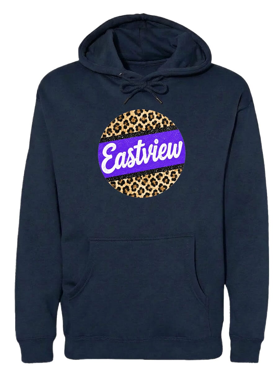 A navy blue hoodie with a leopard print design and the word "Eastview" printed on it.