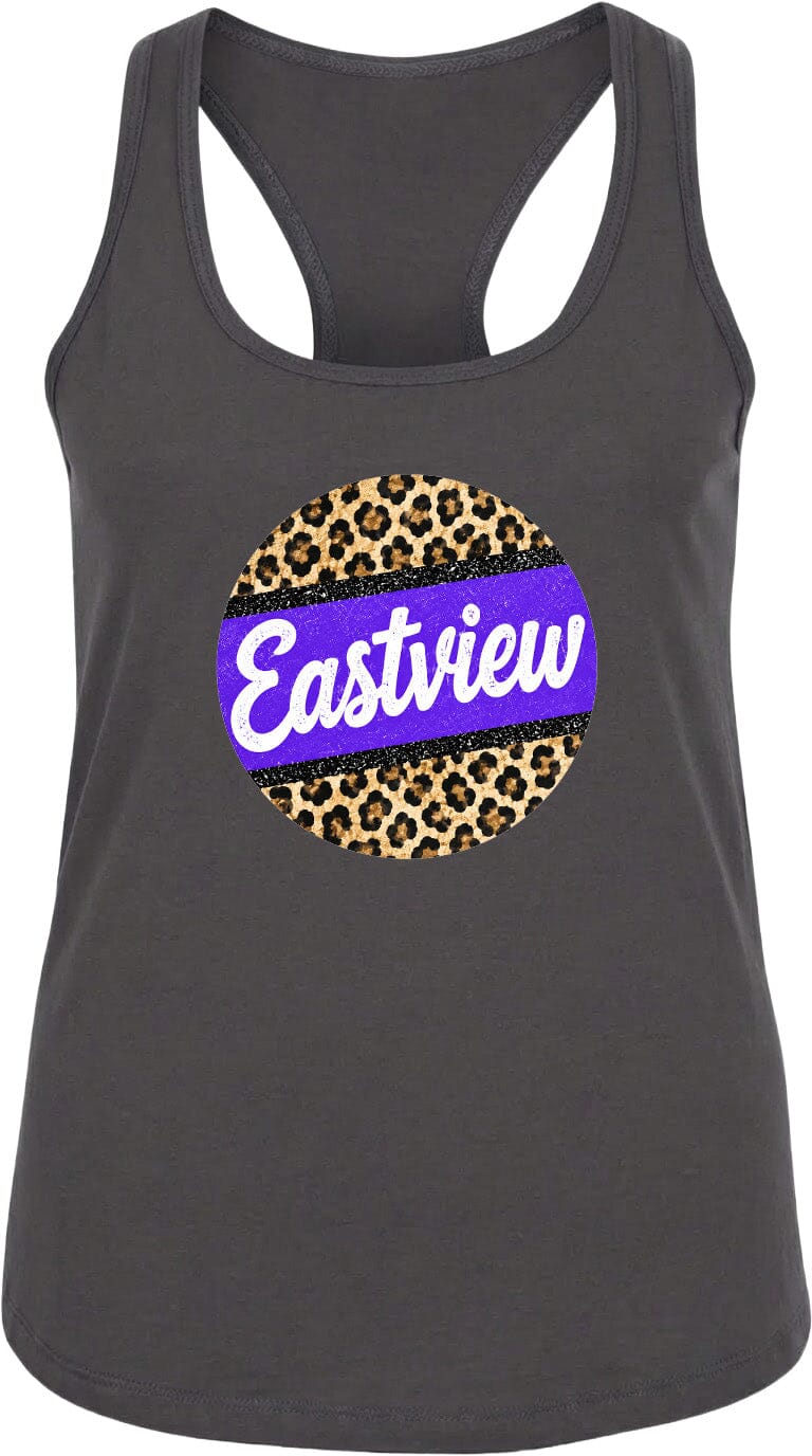 A gray tank top with a leopard print design and the word "Eastview" printed on it.
