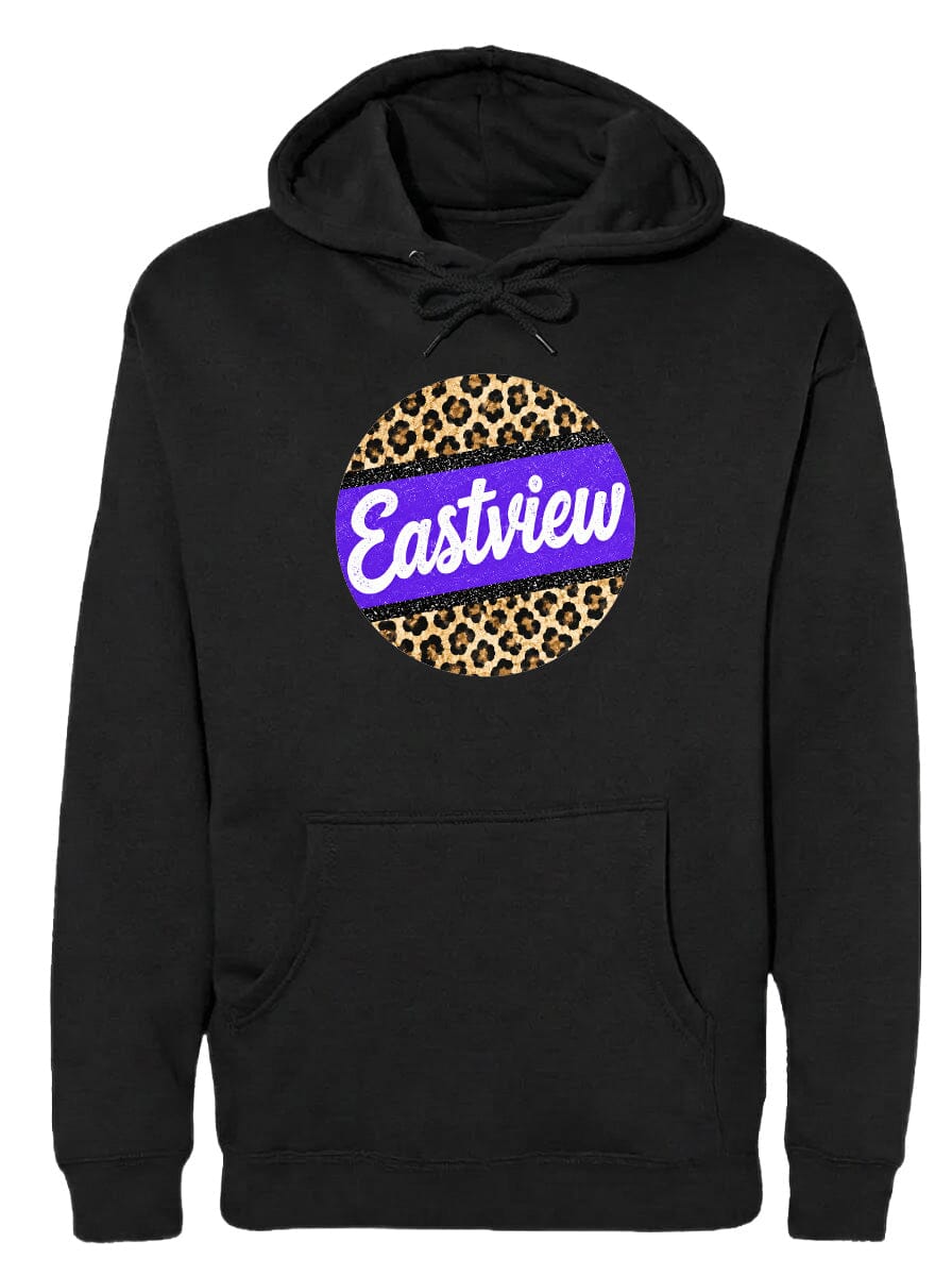 A black hoodie with a leopard print design and the word "Eastview" printed on it.