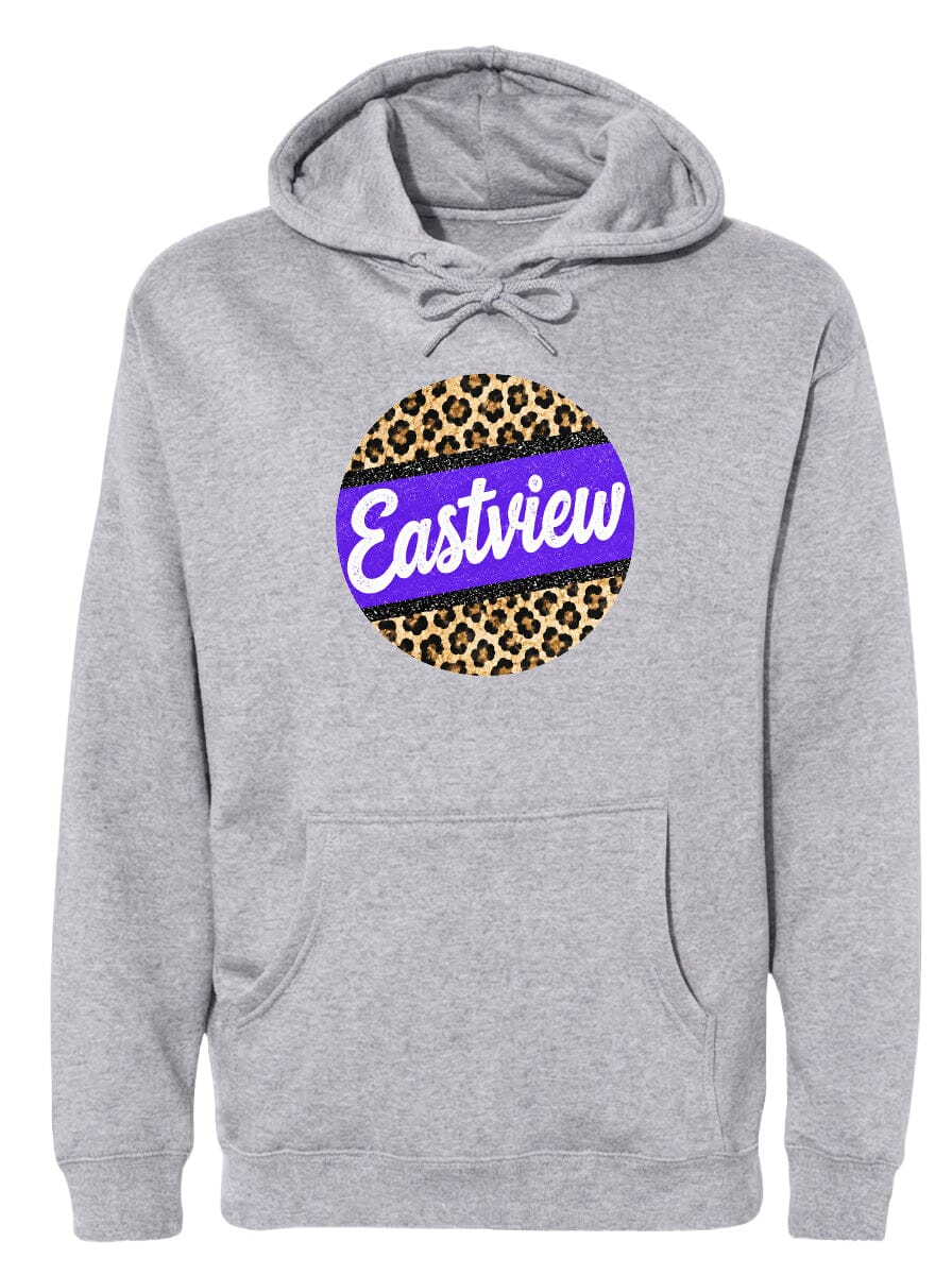 A gray hoodie with a leopard print design and the word "Eastview" printed on it.