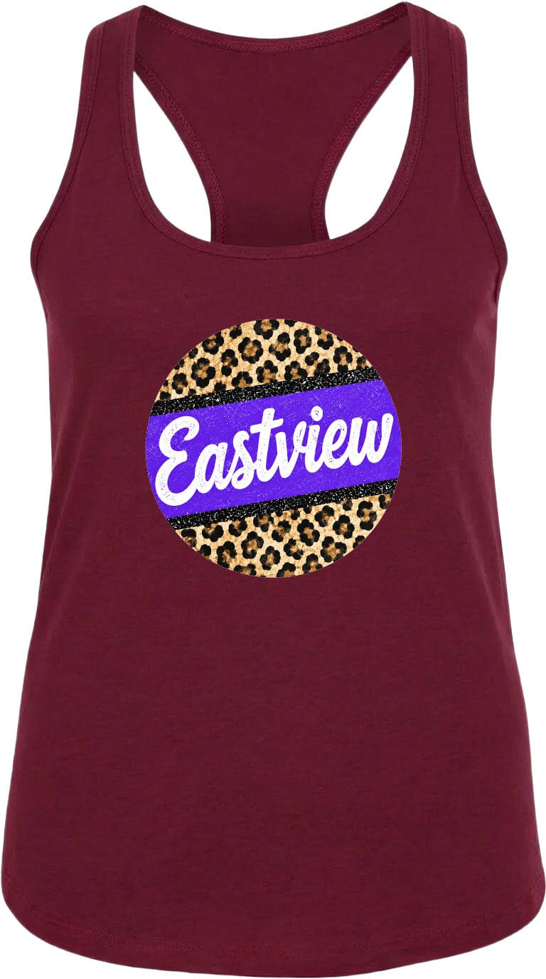 A burgundy tank top with a leopard print design and the word "Eastview" printed on it.