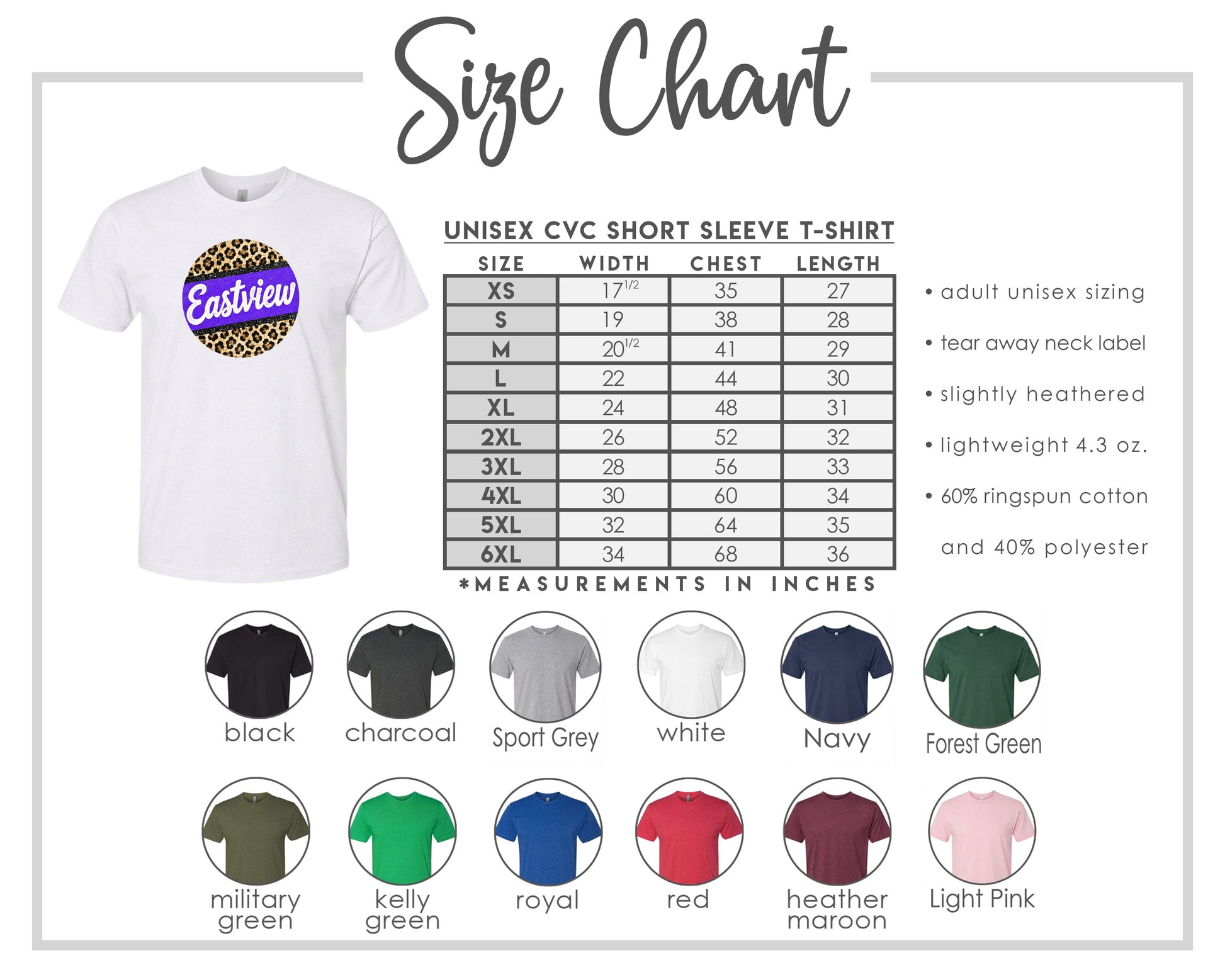 The image is a size chart for a unisex CVC short sleeve t-shirt, providing measurements for different chest sizes and sleeve lengths.