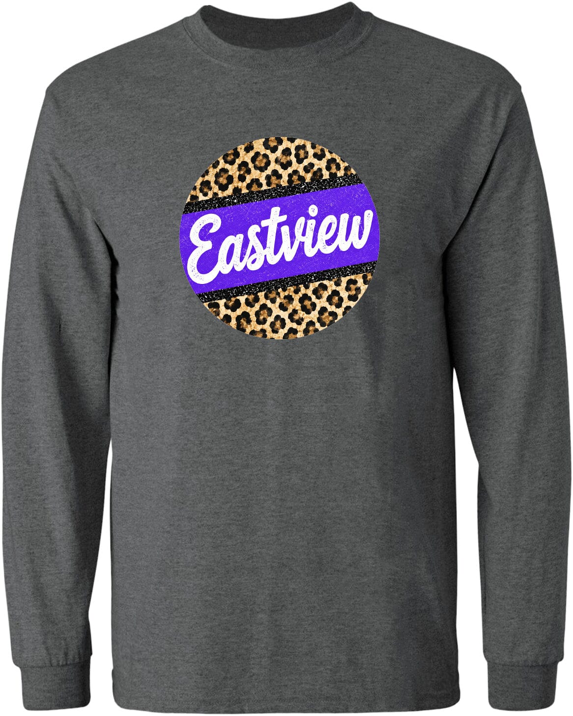 A gray long-sleeved shirt with a circular design on the front featuring a leopard print pattern and the word "Eastview" written in white text.