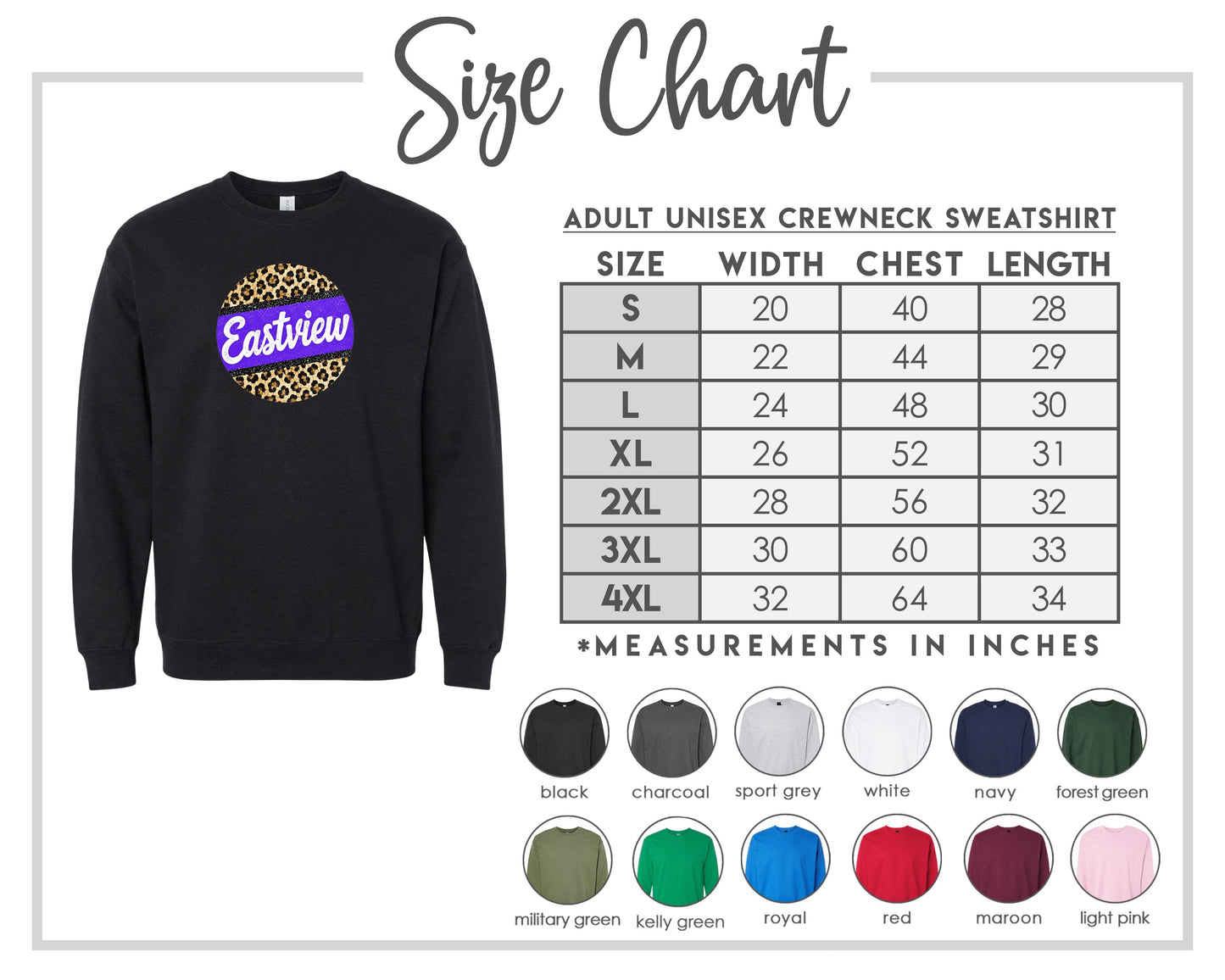 The image is a size chart for an adult unisex crewneck sweatshirt. It includes a black sweatshirt with a leopard print design and a table with size and corresponding measurements.