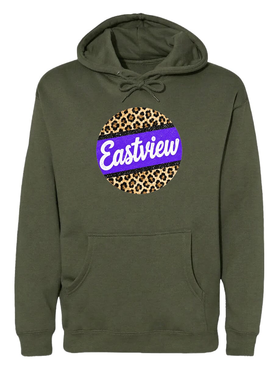 A green hoodie with a leopard print design and the word "Eastview" printed on it.