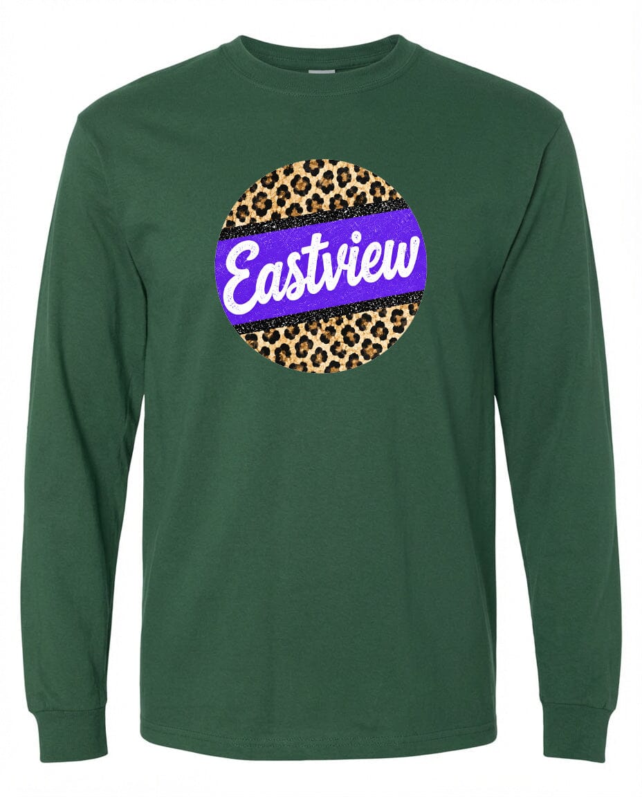 A green long-sleeved shirt with a circular graphic design on the front. The design consists of a leopard print pattern overlaid on a purple stripe, with the word "Eastview" written in white text below the pattern.
