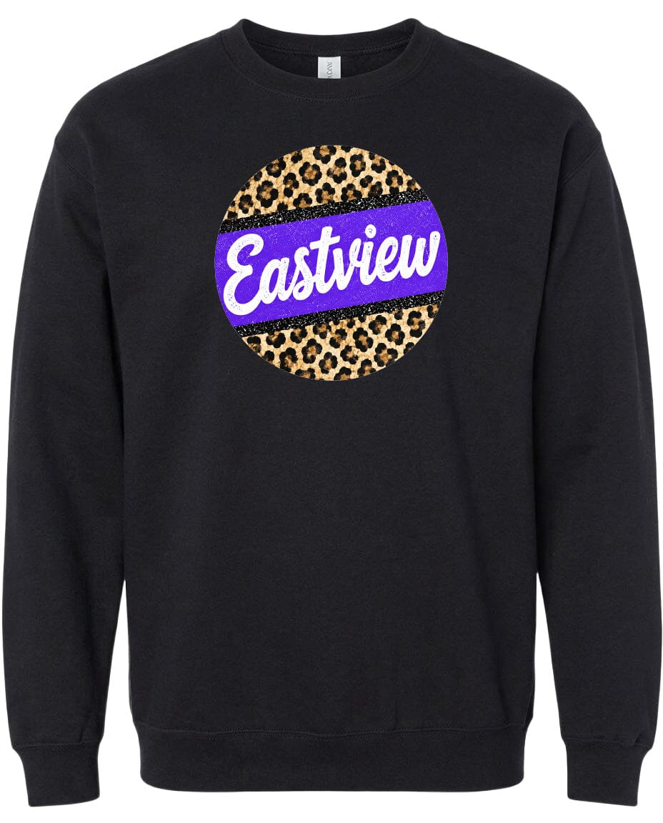 A black sweatshirt with a purple and leopard print circular logo on the front.