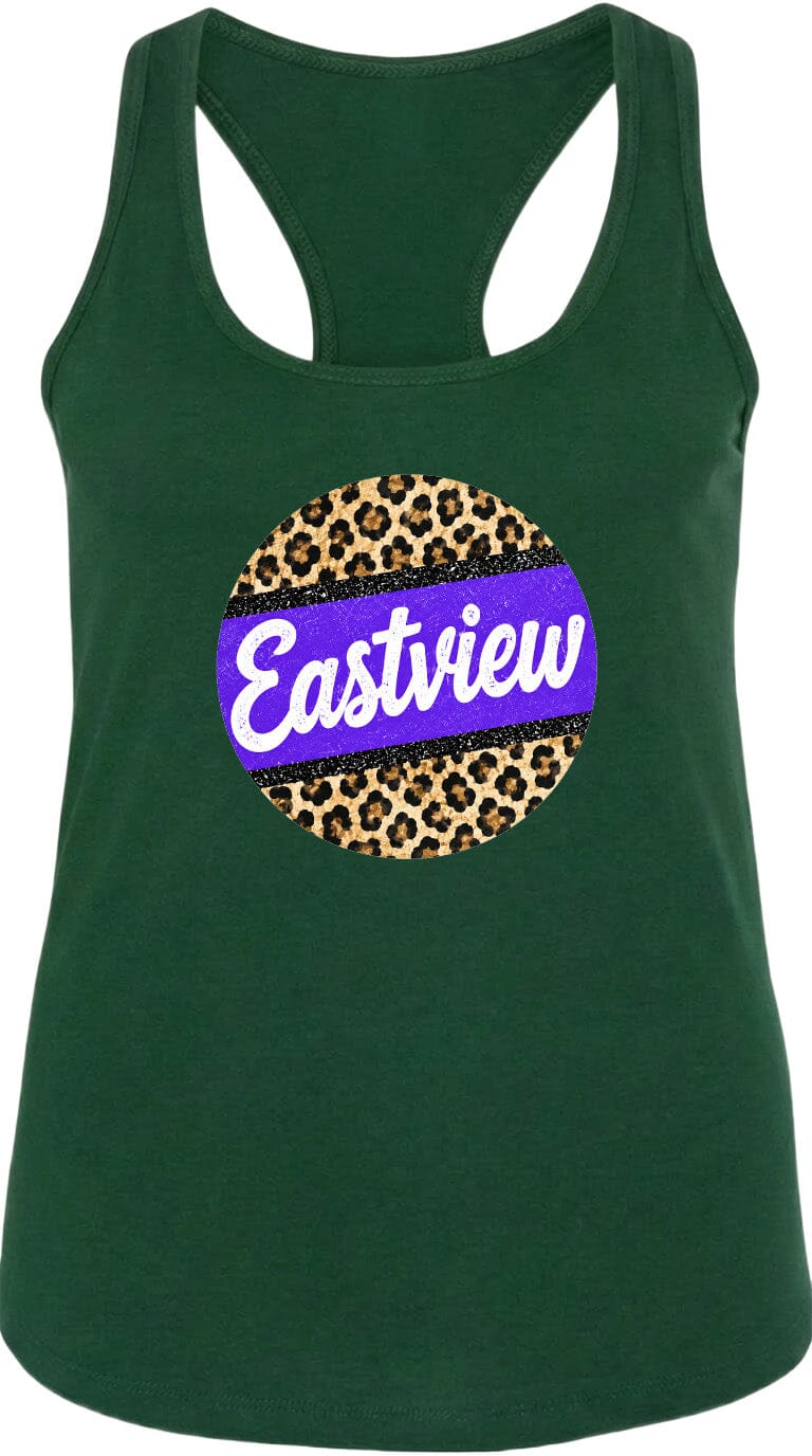A green tank top with a leopard print design and the word "Eastview" printed on it.