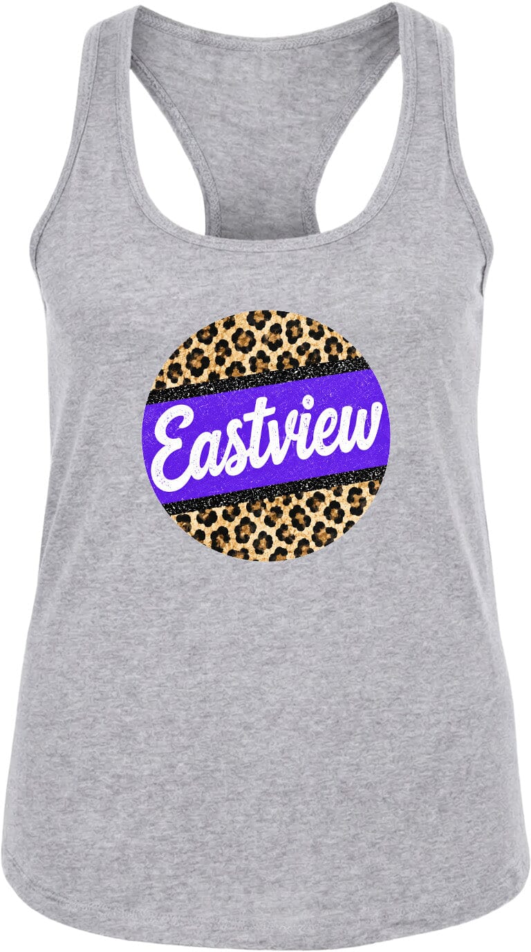 A gray tank top with a leopard print design and the word "Eastview" printed on it.