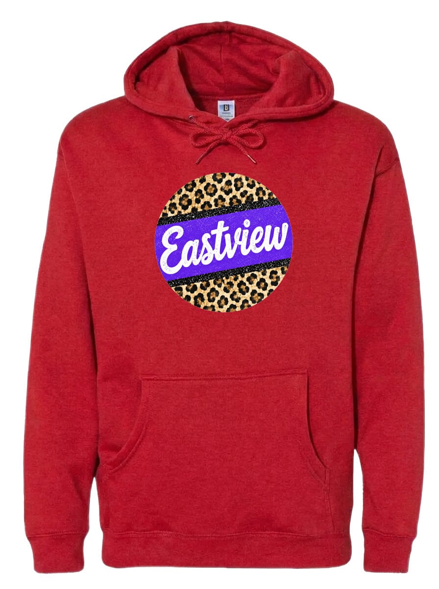 A red hoodie with a leopard print design and the word "Eastview" printed on it.