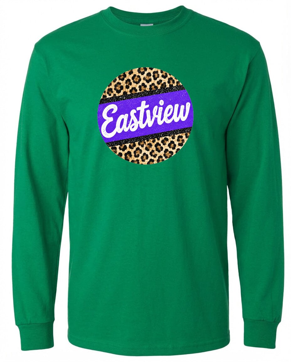 A green long-sleeved shirt with a leopard print design and the word "Eastview" printed on it.