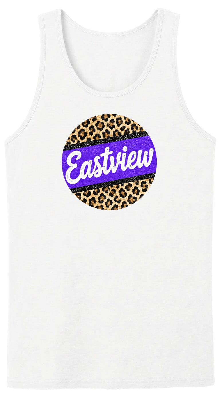 A white tank top with a circular design featuring a leopard print pattern and the word "Eastview" written in purple text.