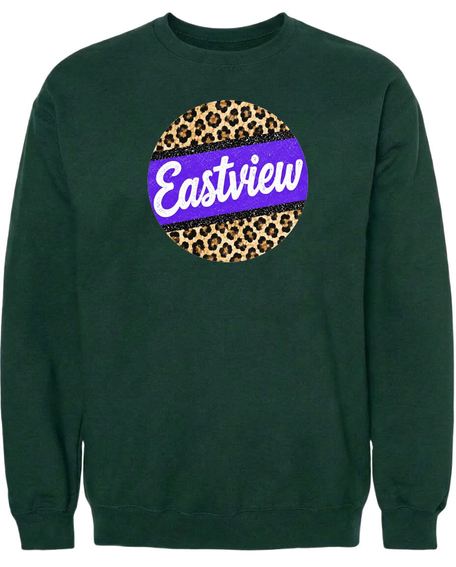 A dark green sweatshirt with a large purple and leopard print circle on the front.