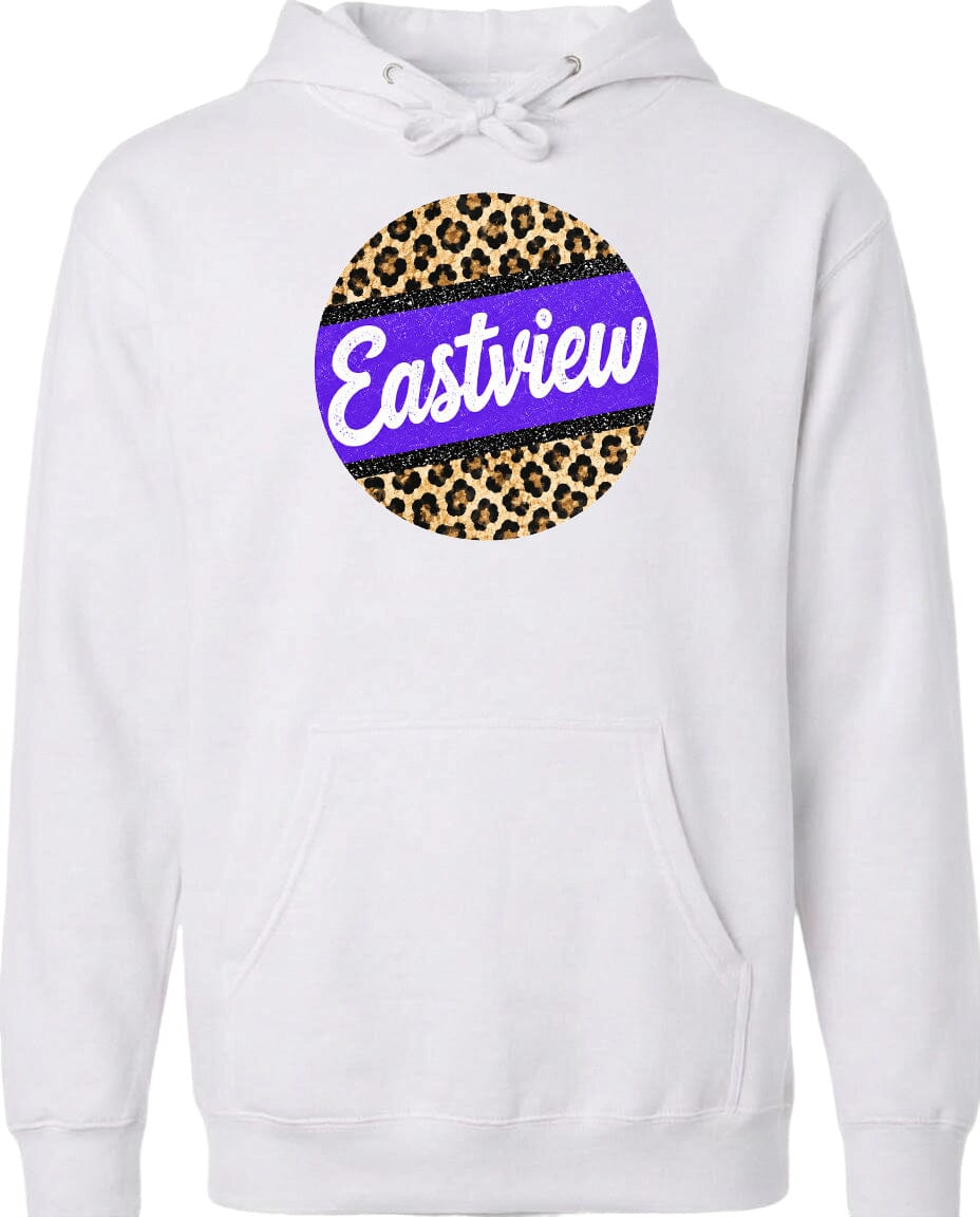 A white hoodie with a circular design featuring a leopard print pattern and the word "Eastview" written in purple text.