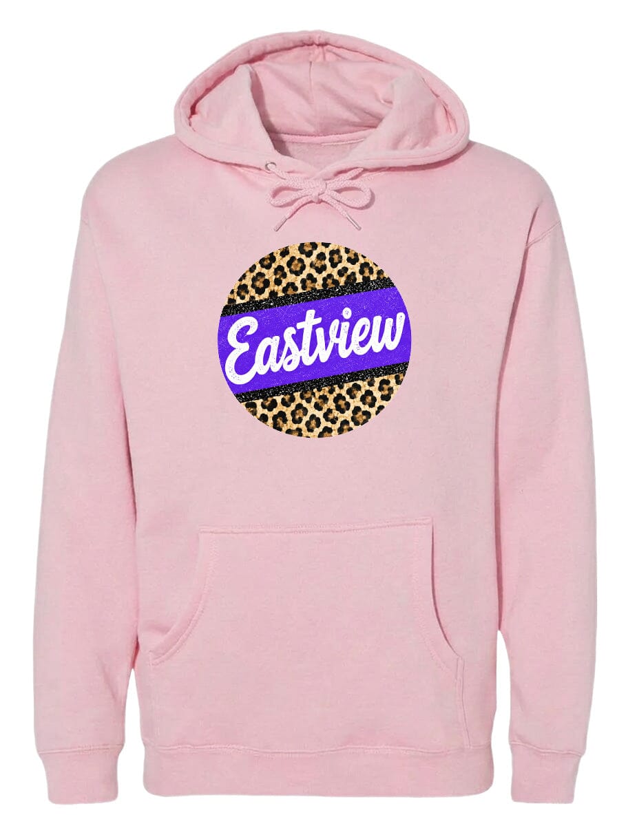 A pink hoodie with a leopard print design and the word "Eastview" printed on it.