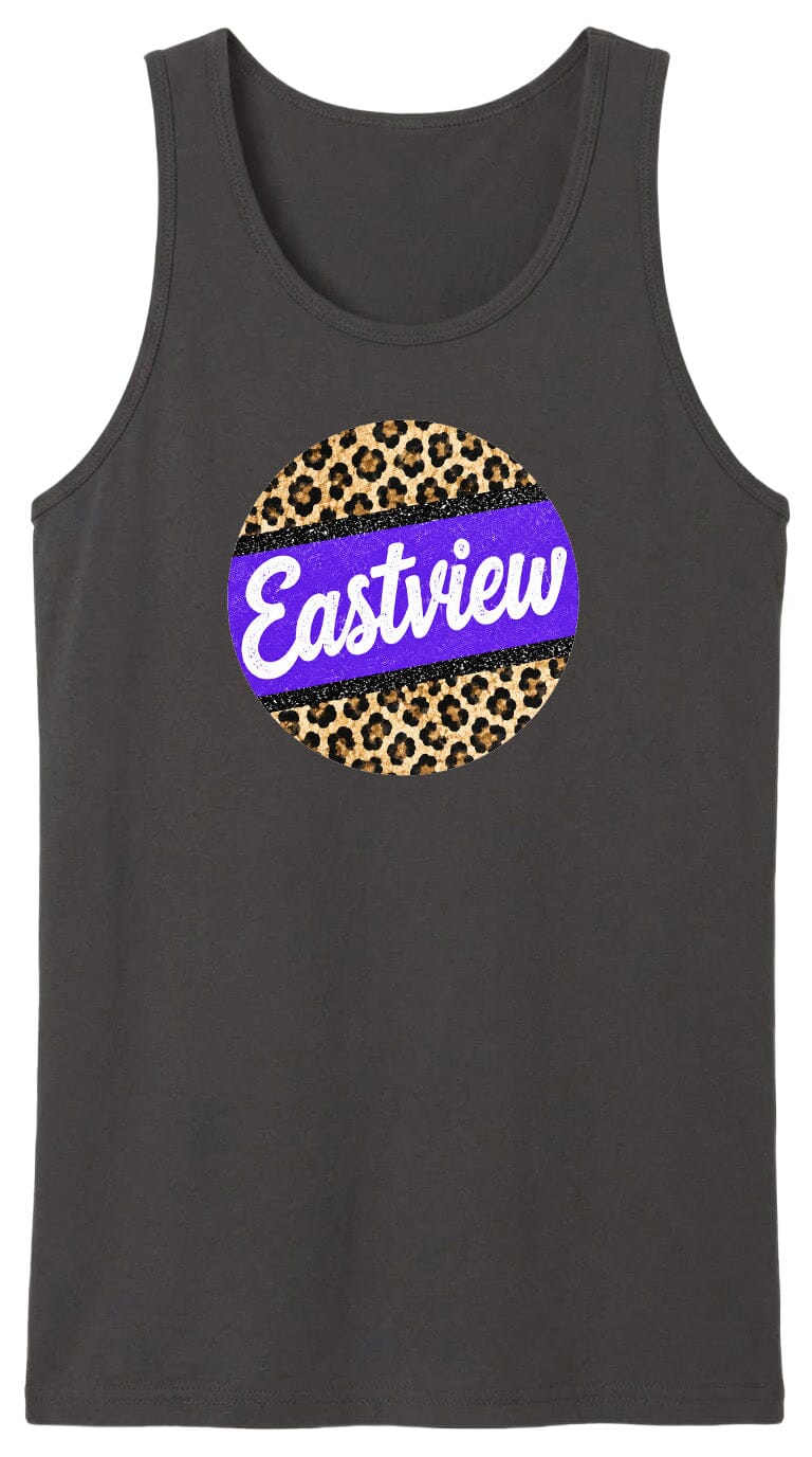 A black tank top with a purple and leopard print circular logo on it.