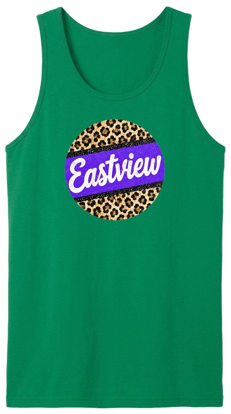 A green tank top with a purple and leopard print circular logo on it.