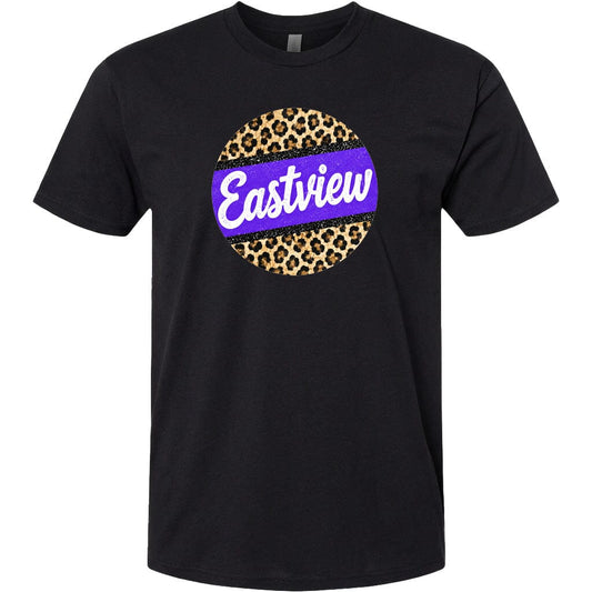 A black t-shirt with a circular graphic design featuring a leopard print pattern and the word "Eastview" written in white cursive text.