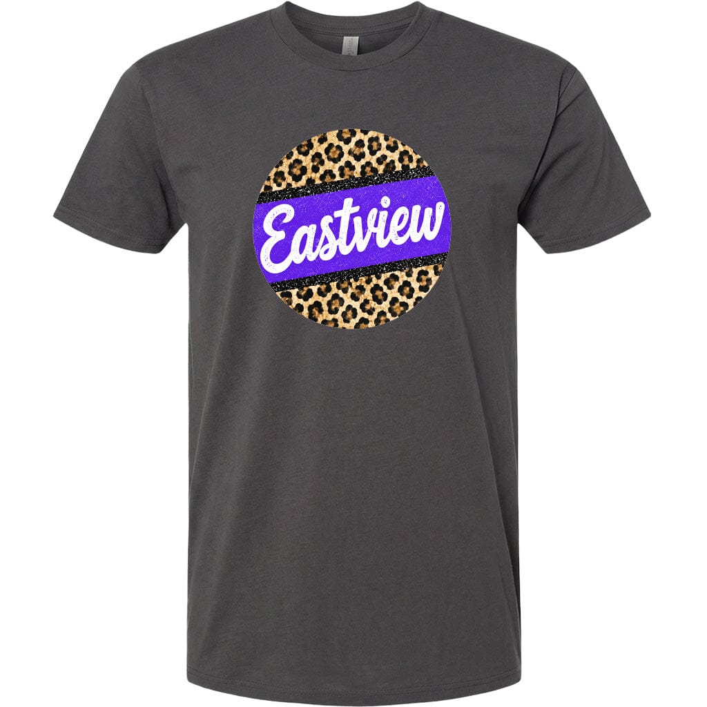 A gray t-shirt with a circular graphic design featuring a leopard print pattern and the word "Eastview" written in purple text.